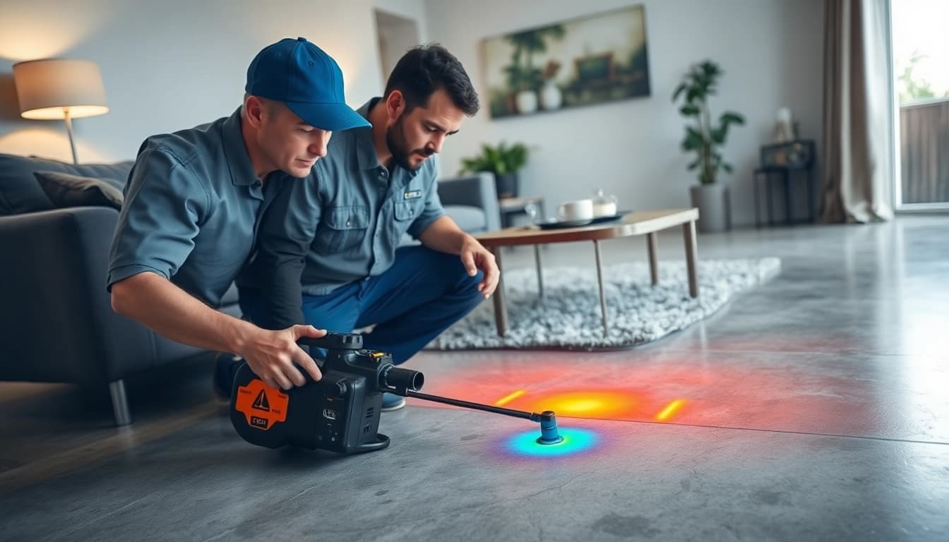 Leak in concrete floor detected by a professional technician using thermal imaging technology.