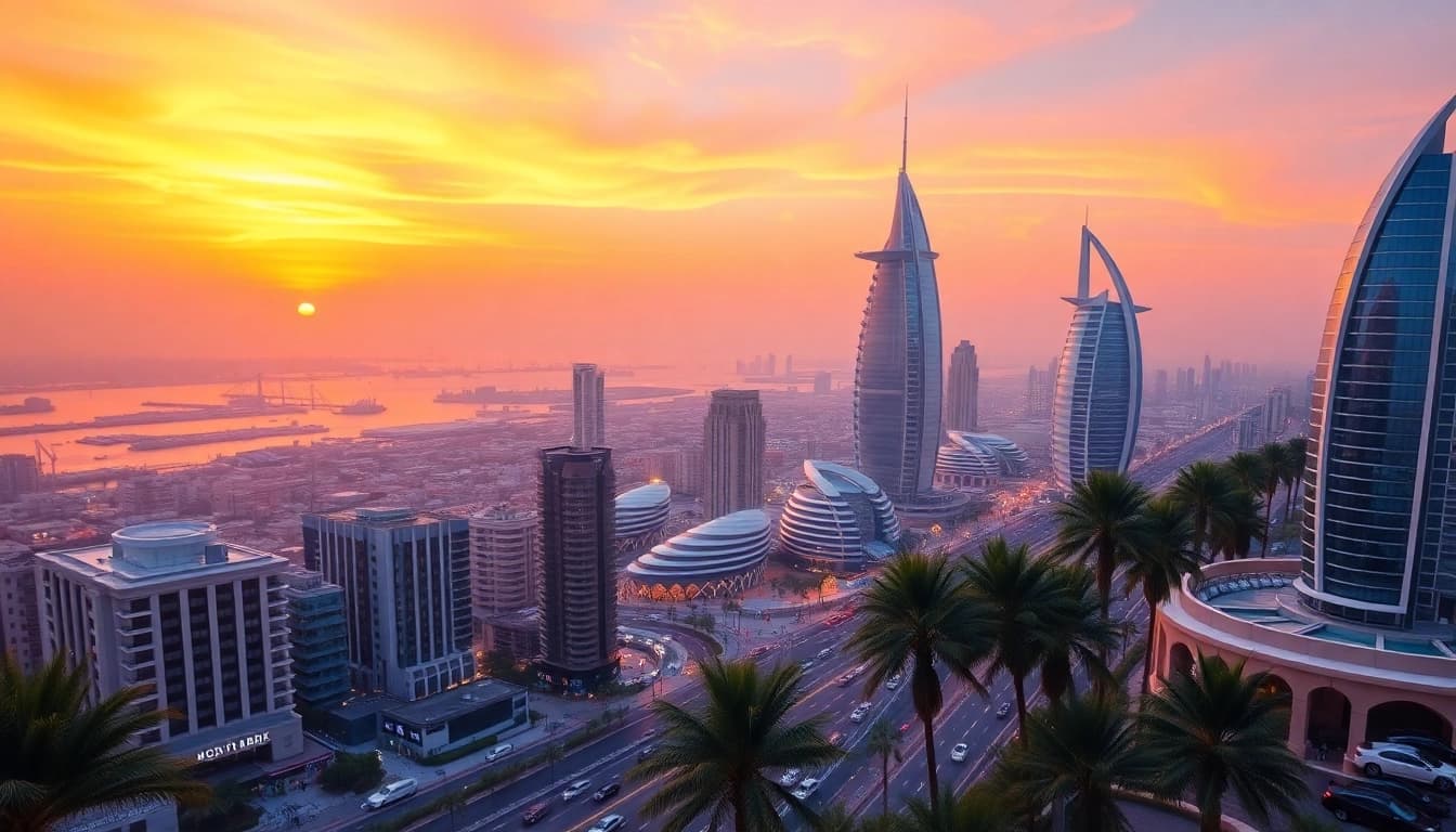 Experience the vibrant sunset over Dubai, highlighting the skyline and inviting views for travel to Dubai.