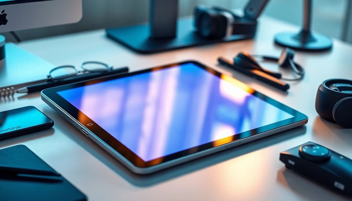 K88 tablet on a modern desk highlighting its sleek design and high-tech accessories.