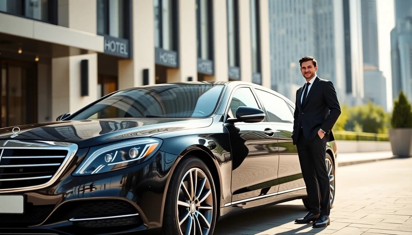 Chauffeur Hire Nottingham showcasing a professional chauffeur in luxury vehicle on city backdrop.