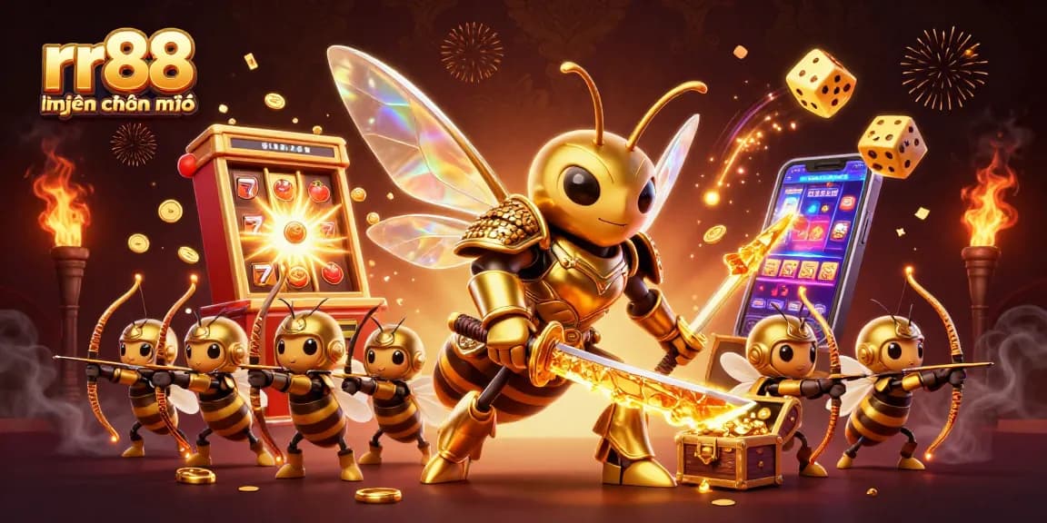 rr88 hiện đang mở showcases a dynamic scene with a golden hornet in samurai armor, engaging players with exciting casino elements.