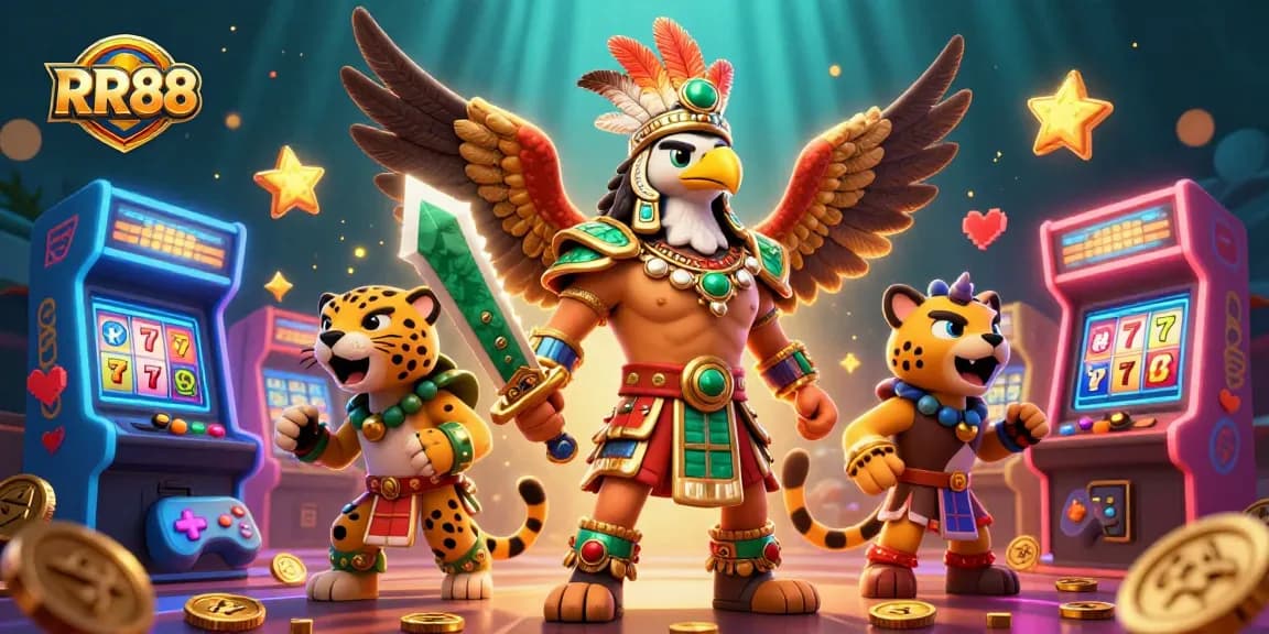Play slots with an engaging scene featuring RR88 Aztec warriors, vibrant games, and gold coins.
