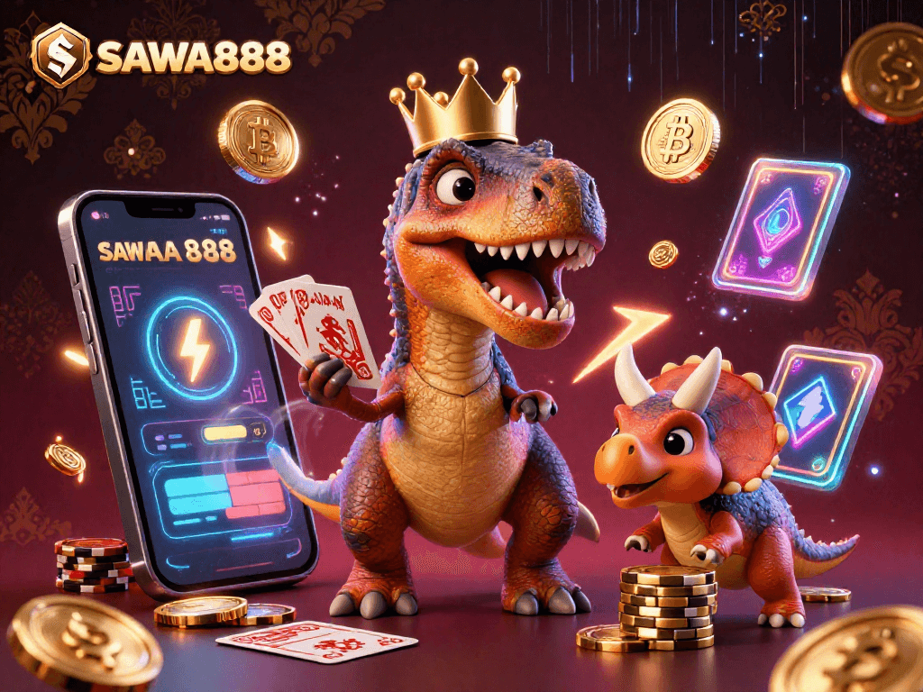 Experience the thrill of SAWA888 as a T-Rex shuffles cards while surrounded by vibrant crypto elements.