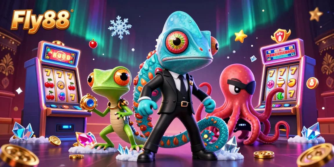 Experience thrilling slot action at Fly88 with an energetic chameleon and his tech-savvy gecko companion.