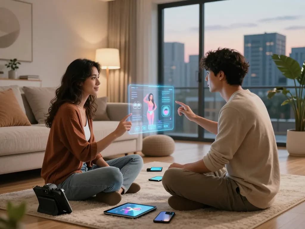 Couple exploring sex AI features in a cozy urban setting with tech gadgets.