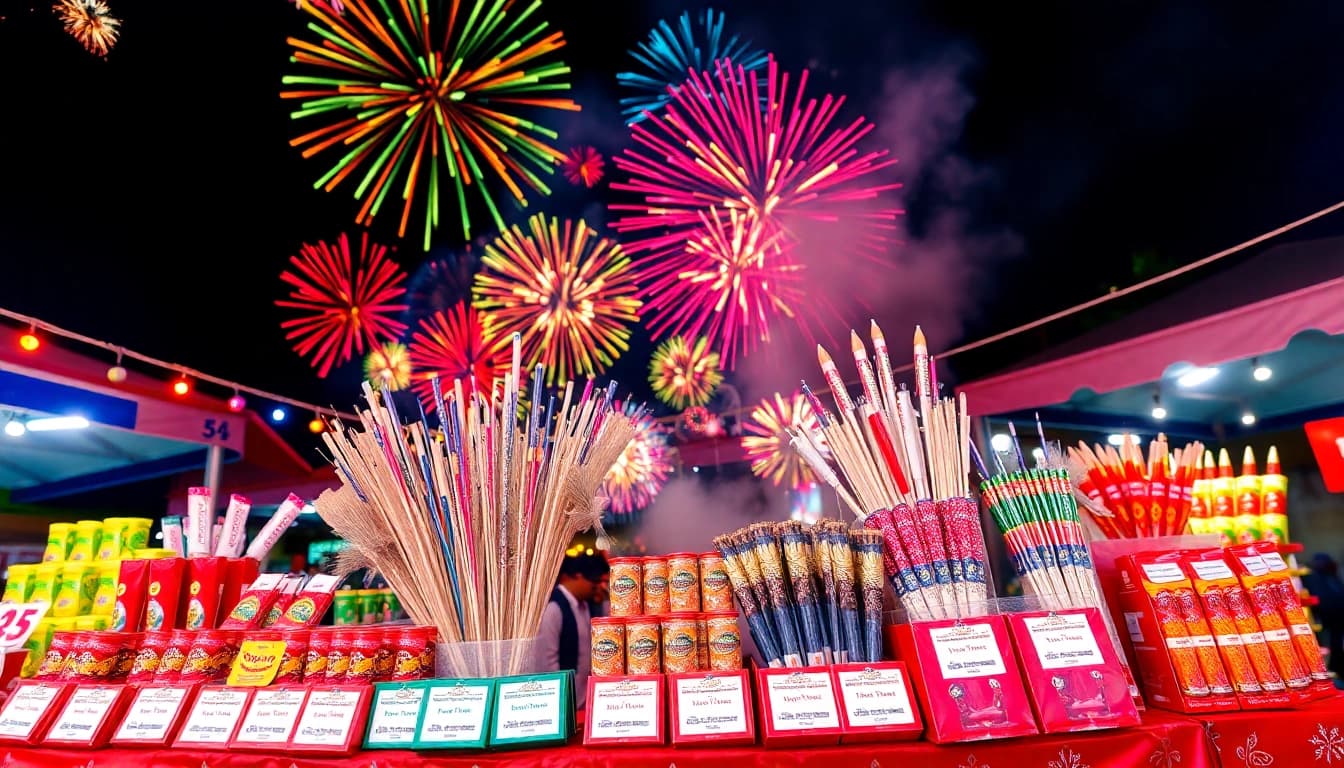 Browse vibrant fireworks for sale in an inviting outdoor market atmosphere.