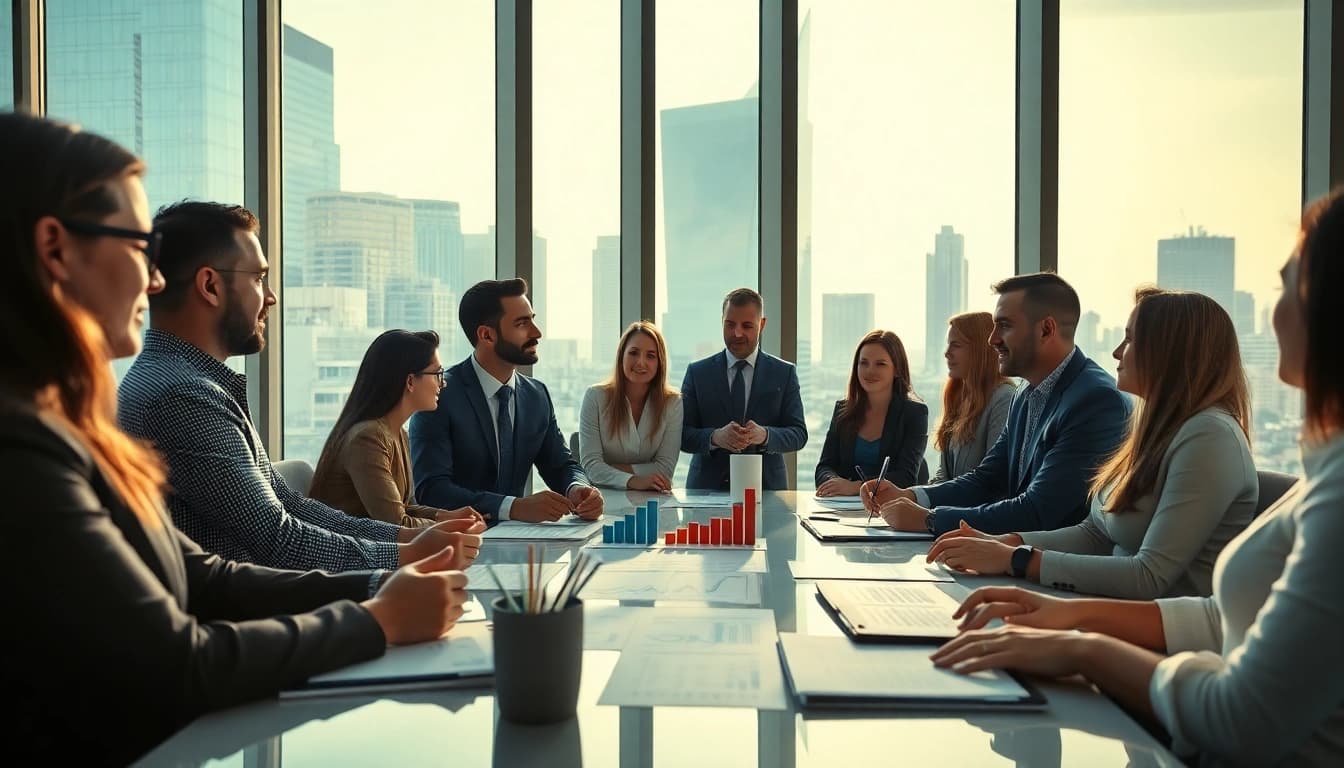 Engaging marketing and consultancy meeting showcasing diverse professionals collaborating creatively.