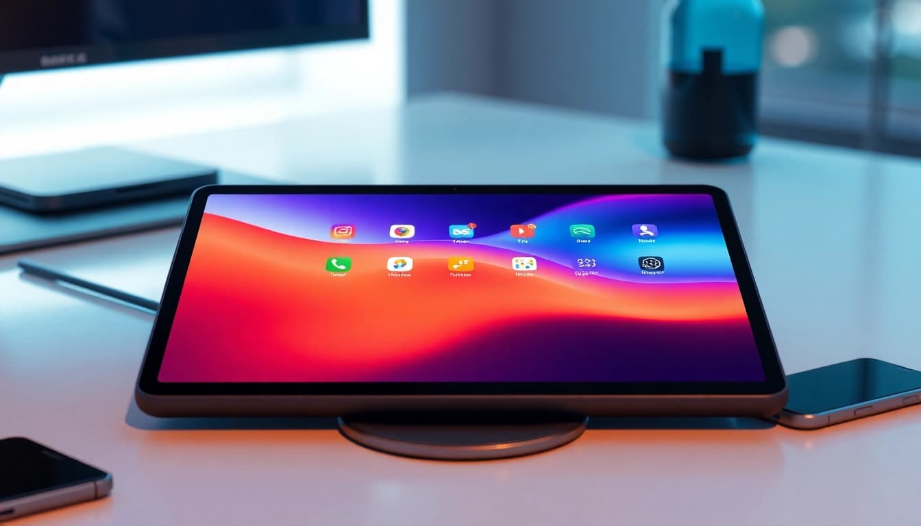 K88 tablet displayed on a minimalist desk, showcasing vibrant apps in a tech-savvy environment.