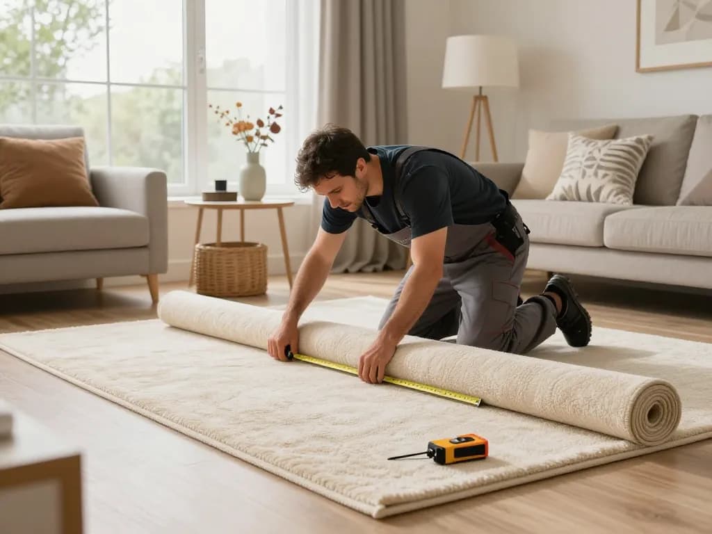 Professional carpet fitters near me laying plush carpet in a stylish living room.