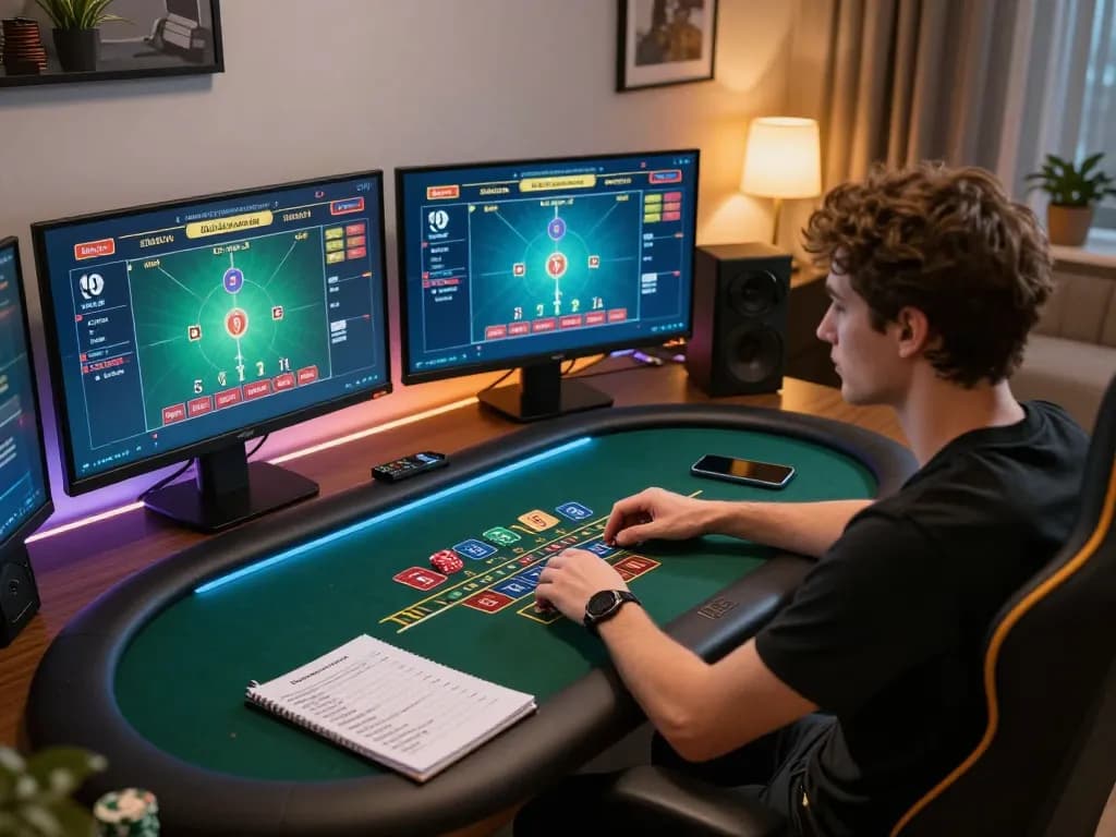 Player strategizing in a live dealer blackjack game on 8kbetbh, surrounded by modern decor and betting notes.