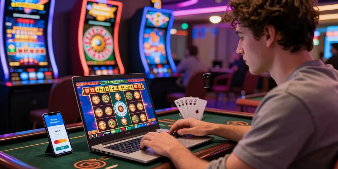 A young player enjoying Mastercard casinos on a laptop in a vibrant online casino environment with game graphics and payment options.
