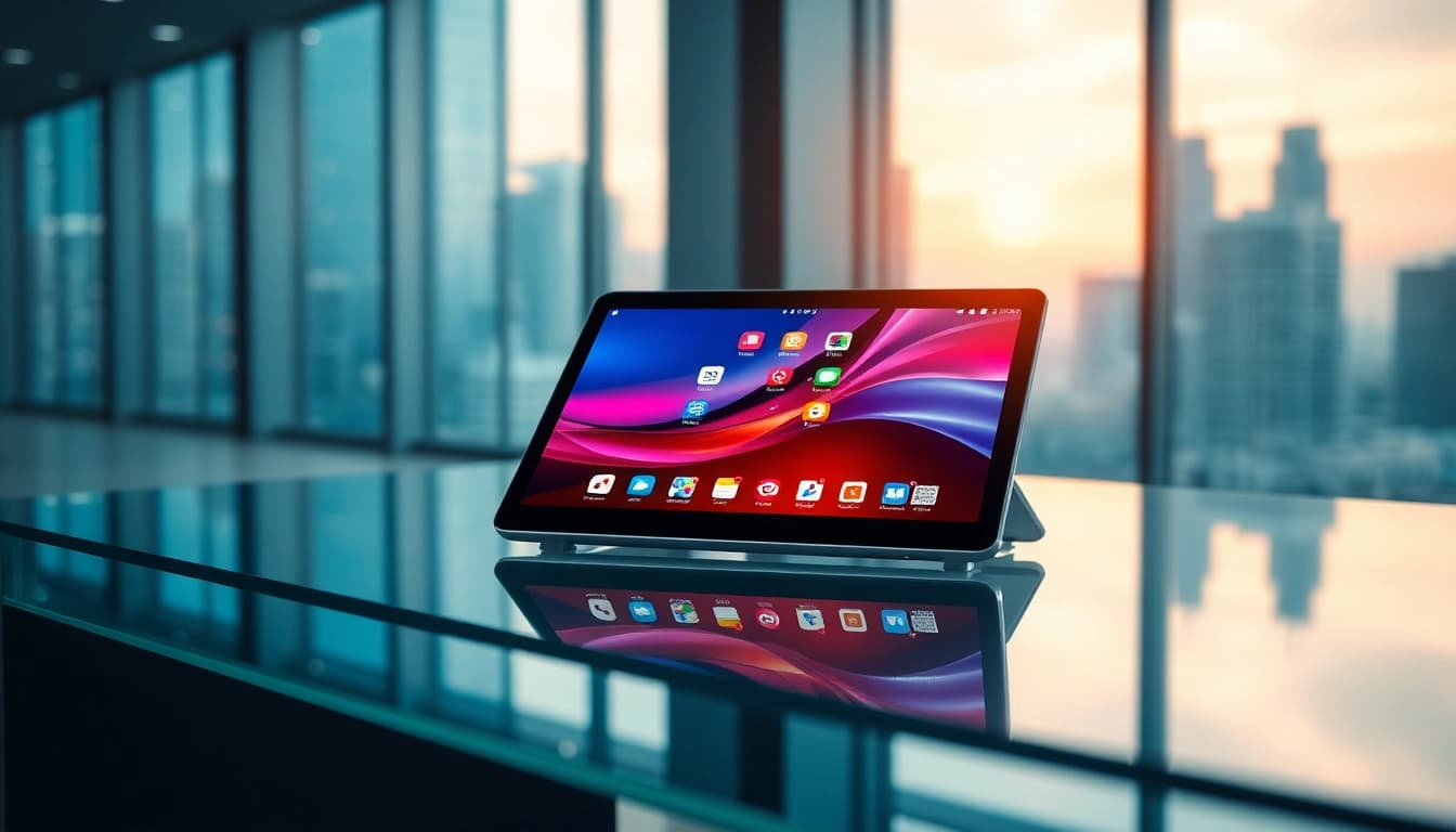 K88 tablet on a modern desk with vibrant screen display in a futuristic setting