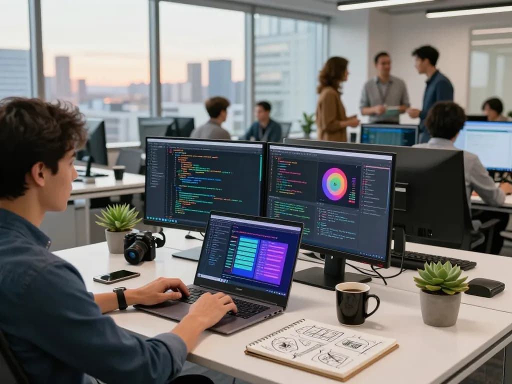 Video to prompt generator workspace with developers analyzing code and video prompts in a creative office.