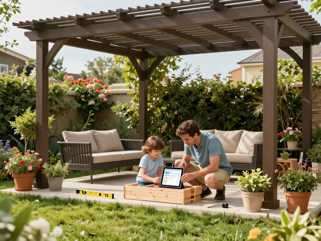 Family using a pergola configurator app to design a custom pergola in their garden, showcasing DIY outdoor living.
