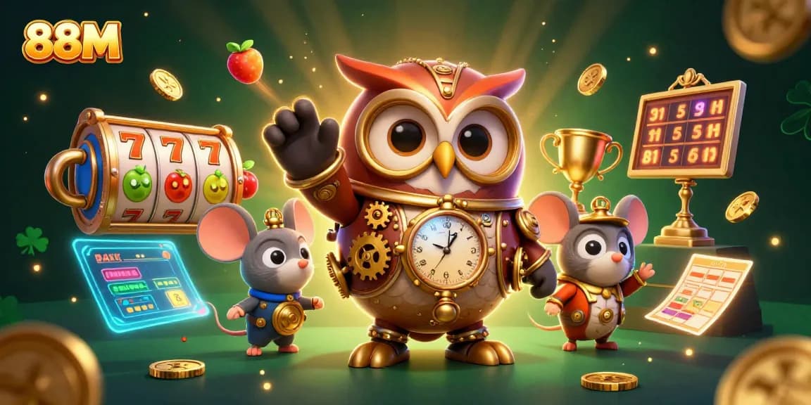 Experience thrilling gaming at 88M, featuring dynamic slot reels and steampunk characters in action.