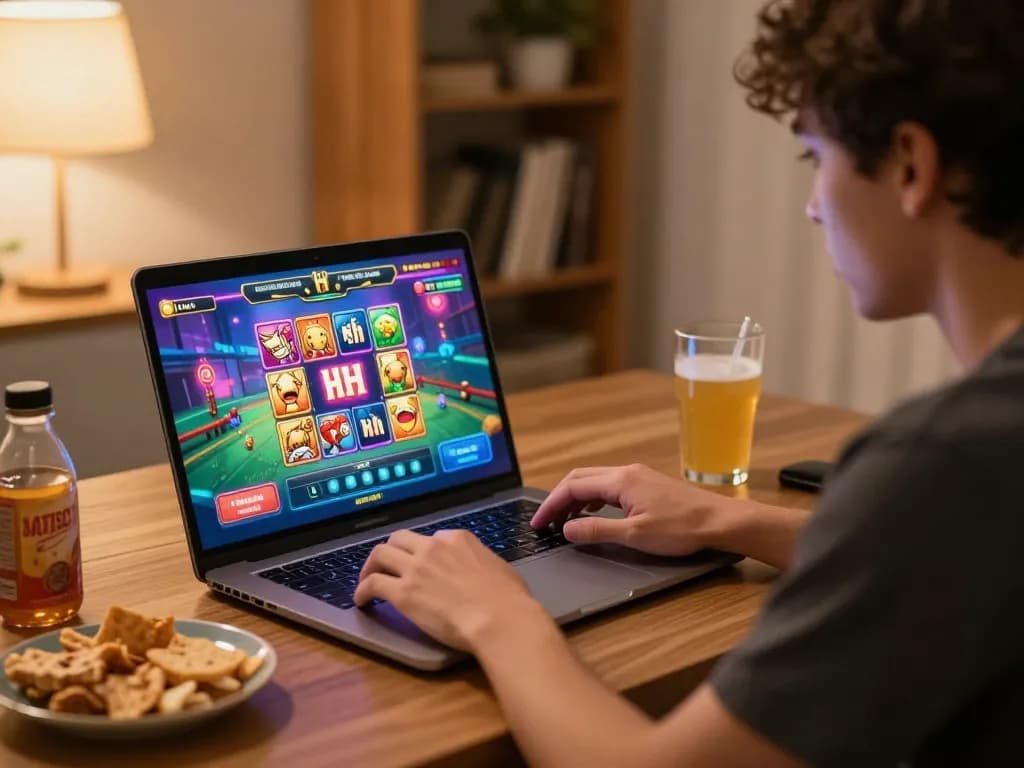 Player engaging with nổ hũ slot game on laptop, cozy home gaming setup highlighting strategic play.