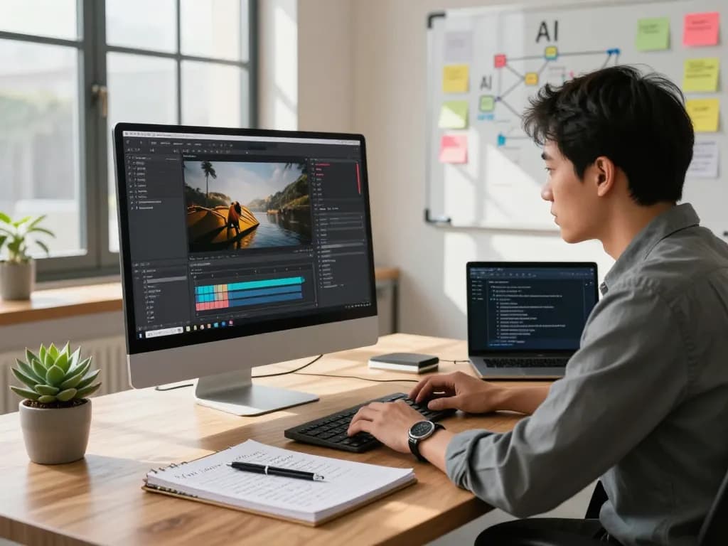 AI specialist generating prompts using an image to prompt tool in a modern workspace.