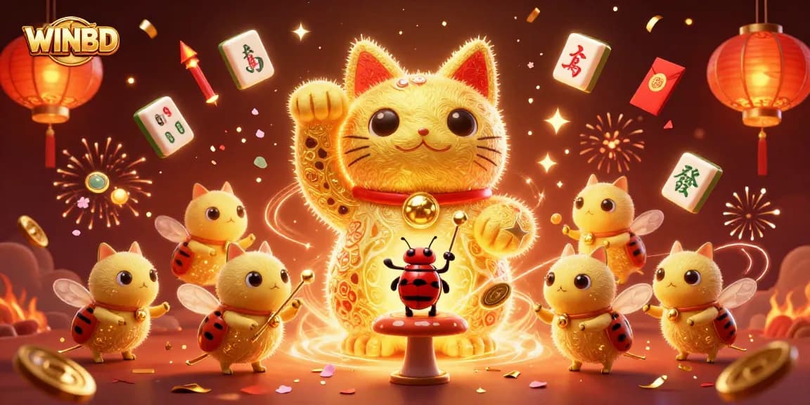WINBD showcases an exciting 3D casino experience with a lucky cat and dynamic gaming symbols.