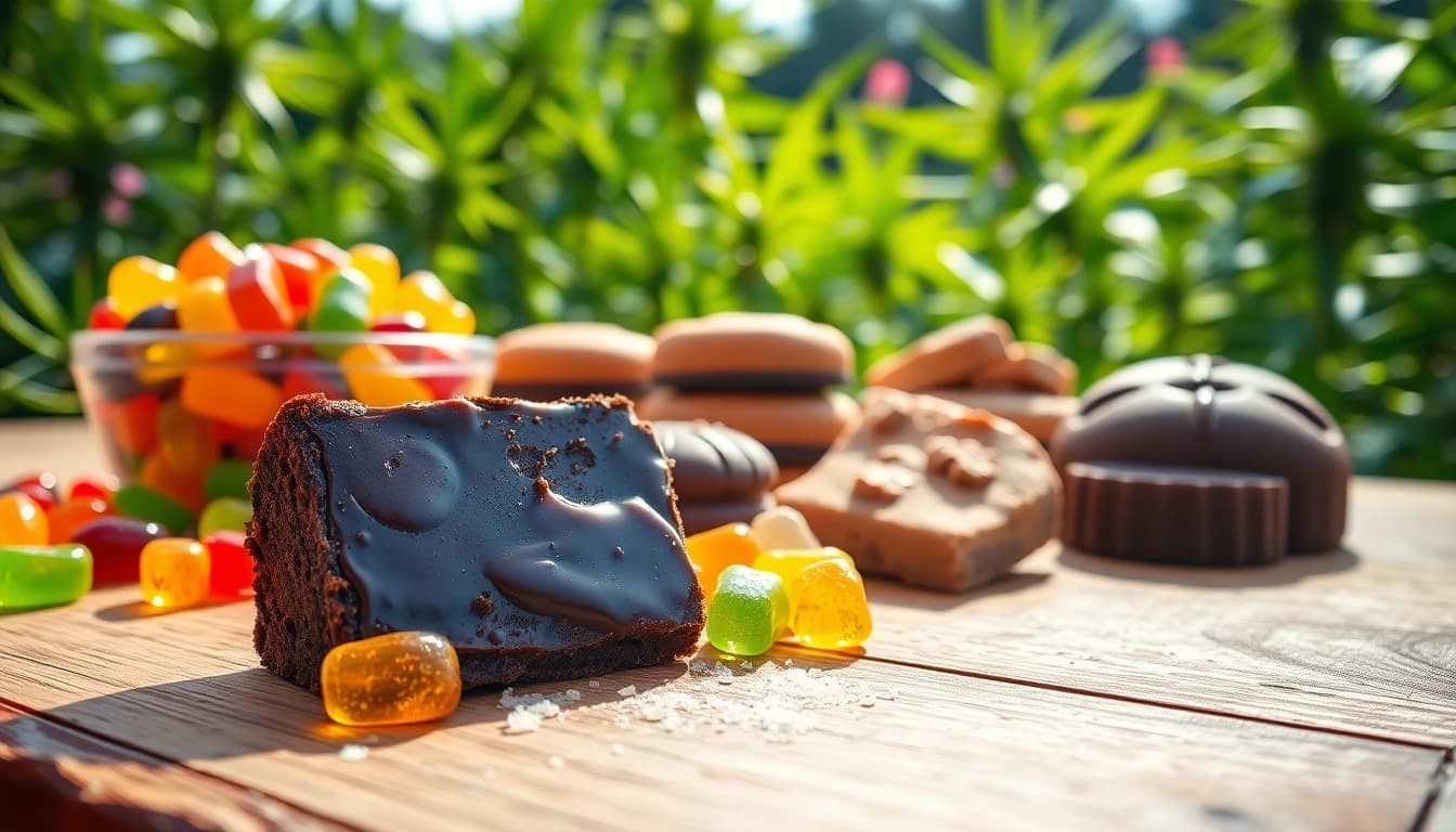 Buy Marijuana Infused Edibles Online UK with an array of colorful edibles on a rustic wooden table.