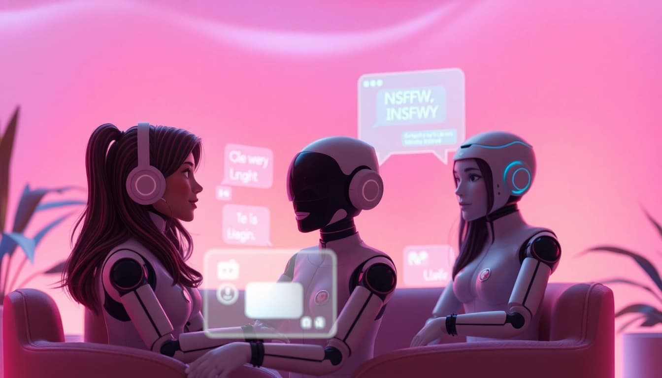 NSFW AI characters engaging in an intimate, futuristic chat environment.