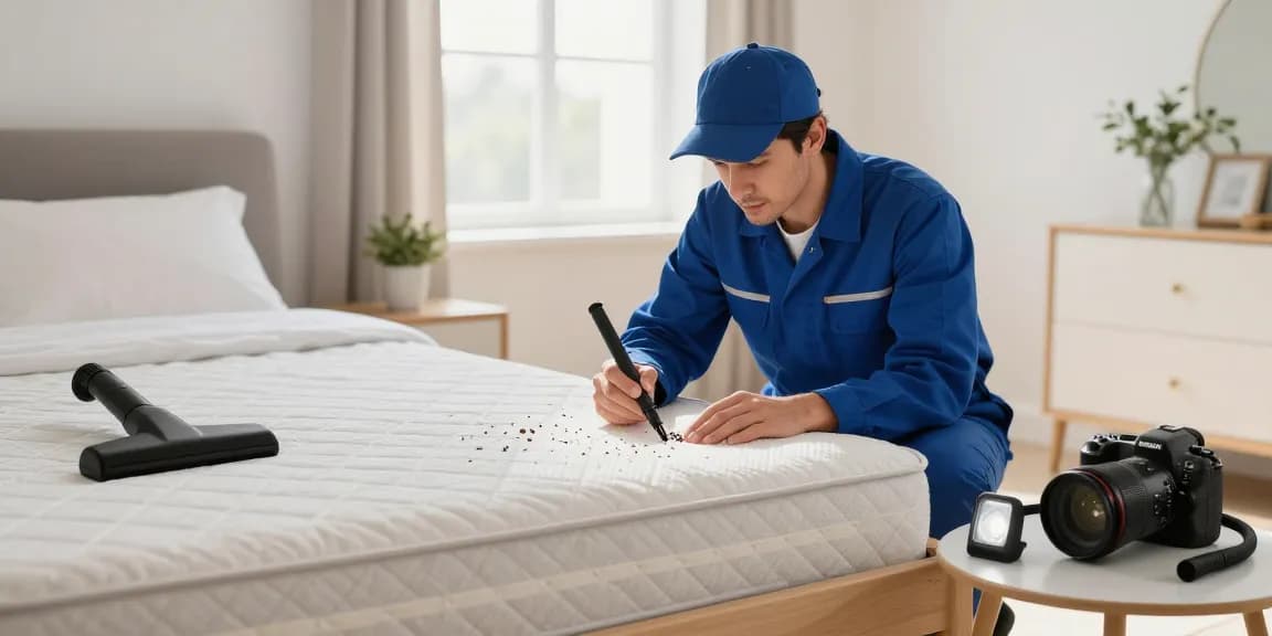 Bed bug treatment expert inspecting a bedroom for bed bugs in a bright and clean setting.