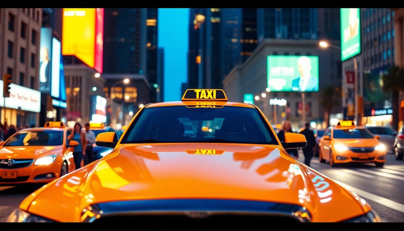 Cabs navigating the vibrant cityscape, showcasing modern urban transportation.