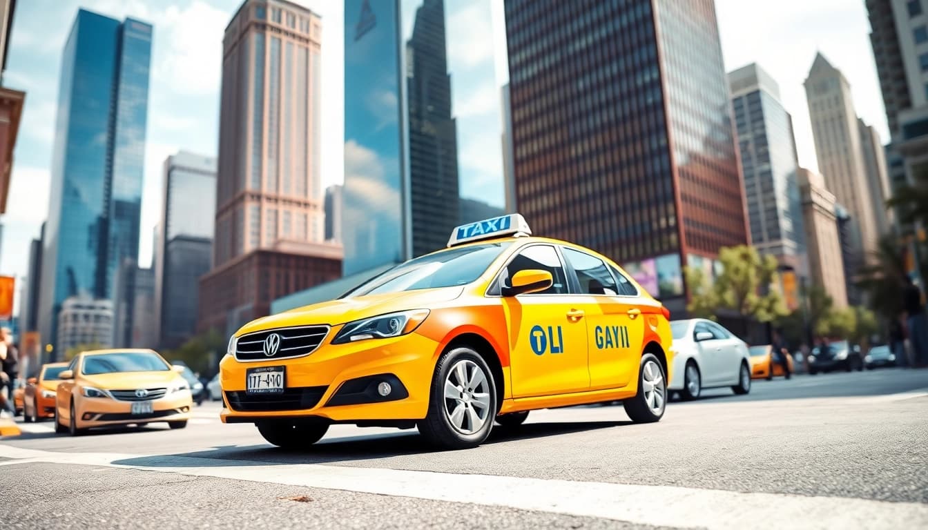 Taxi navigating through a busy city street, showcasing urban life and efficiency.