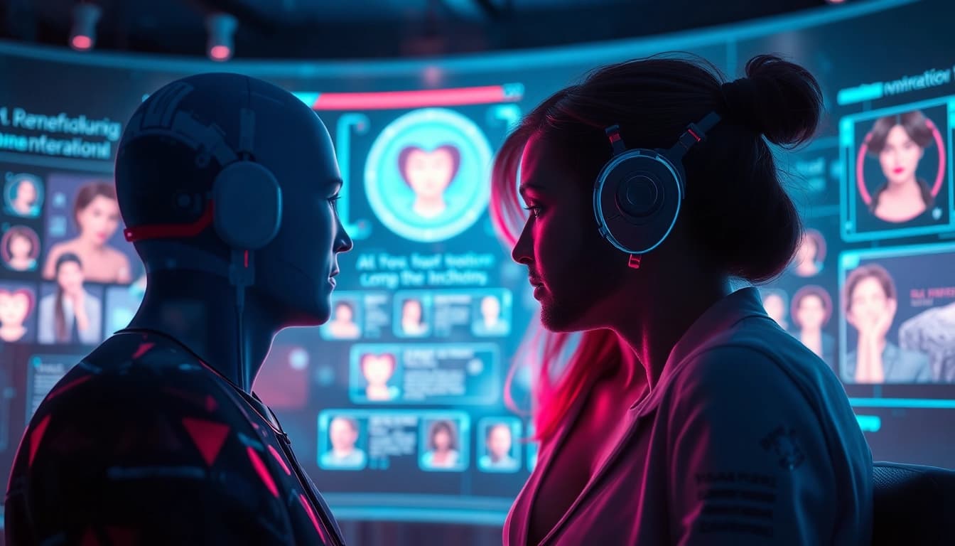 Explore a futuristic scene showcasing digital interactions in sex ai, featuring virtual characters engaged in intimate conversations with advanced technology.