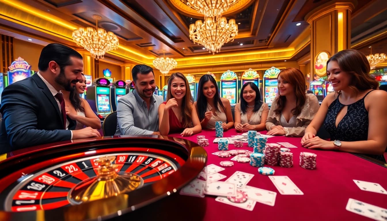 A lively casino scene showcasing players at sv88sr.com excitedly engaging with roulette and cards.