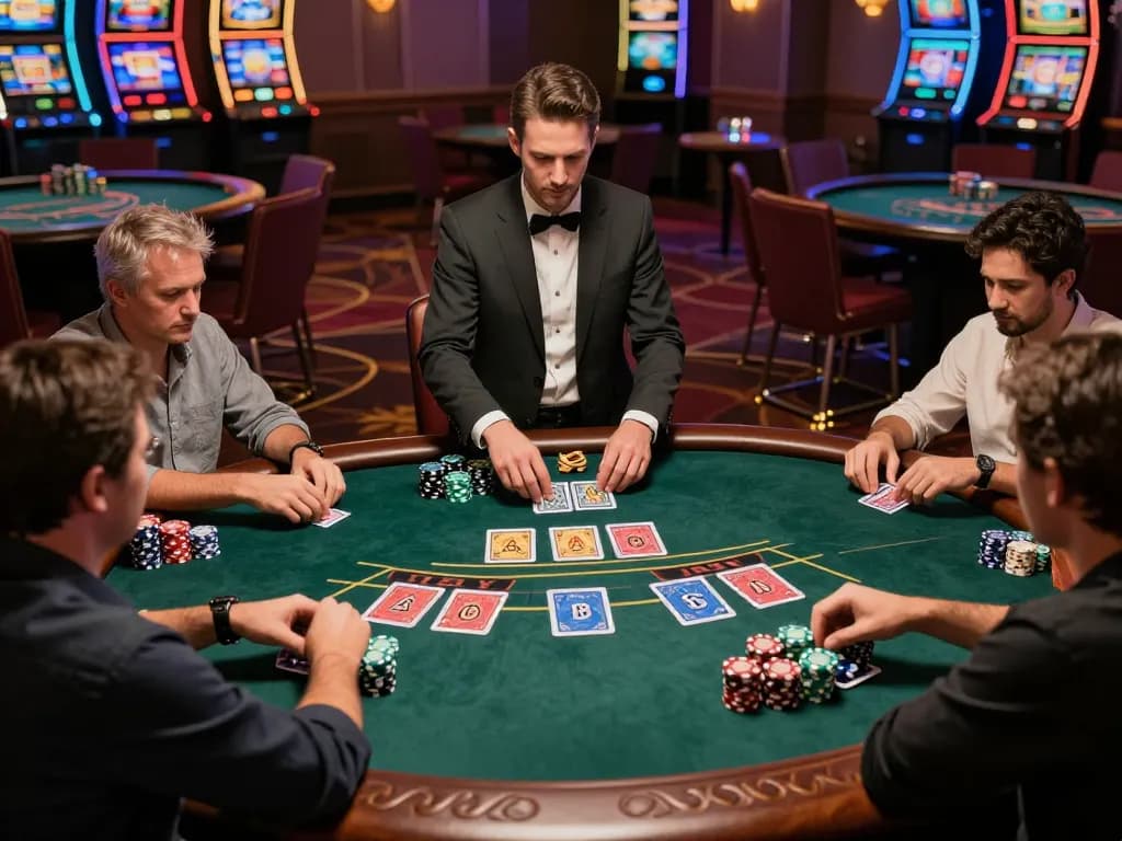 Players engaged in a strategic blackjack game at the 7m1 casino table, showcasing intense focus and excitement.