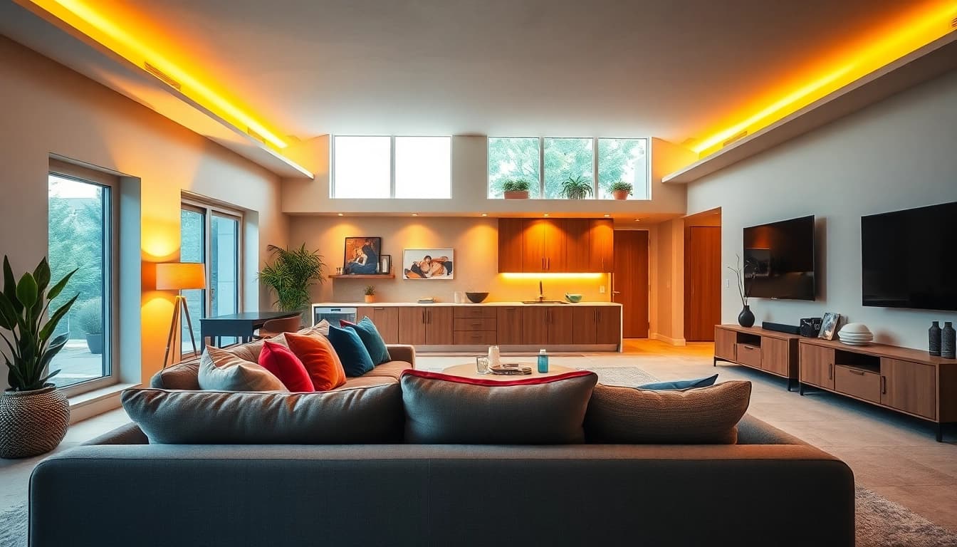Basement renovation showcasing a modern living space with cozy furniture and bright decor.