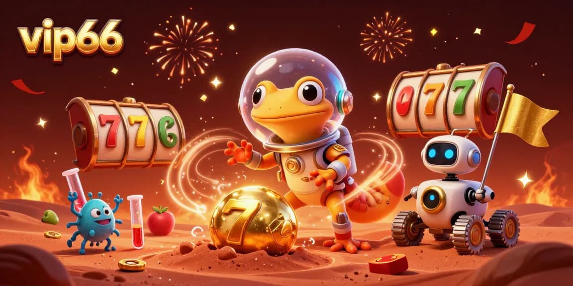 Experience thrilling slot gaming at vip66 with a Martian gecko and festive casino elements.