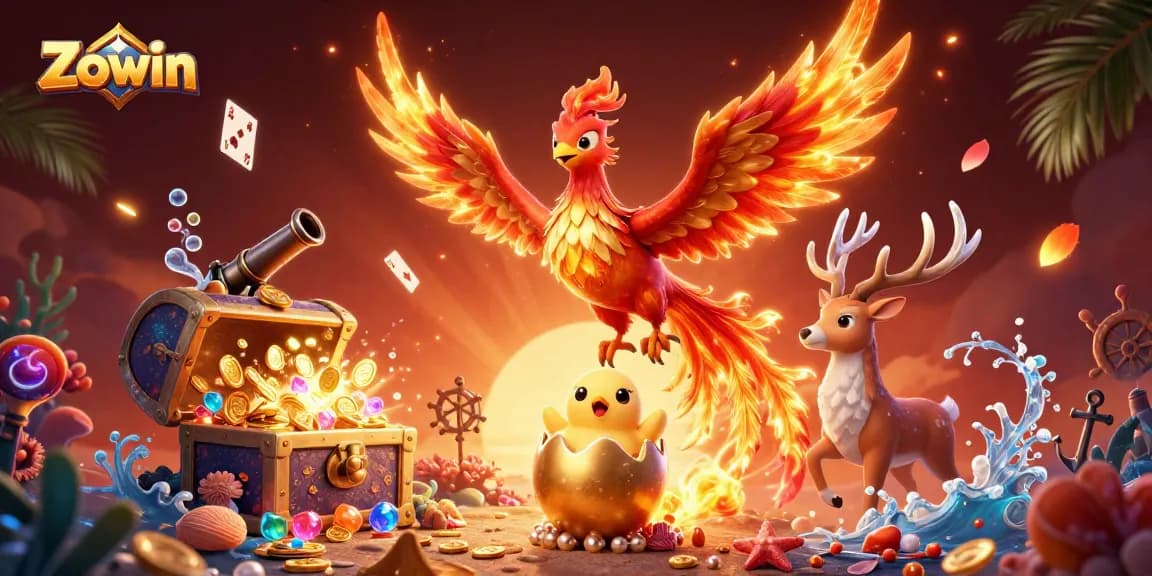 Zowin showcases an epic casino scene with a phoenix, jewels, and playful elements from exciting games.