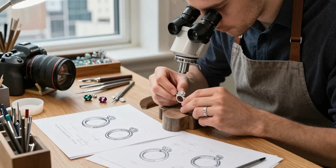 Bespoke diamond ring uk design process in a London jeweller's workshop, featuring an artisan crafting a unique engagement ring with ethical gemstones.