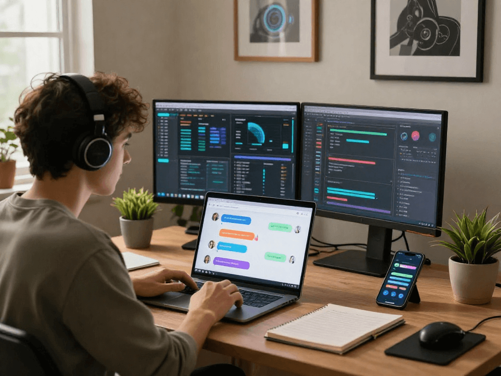 Engaging porn AI chat experience in a modern workspace with vibrant decor.