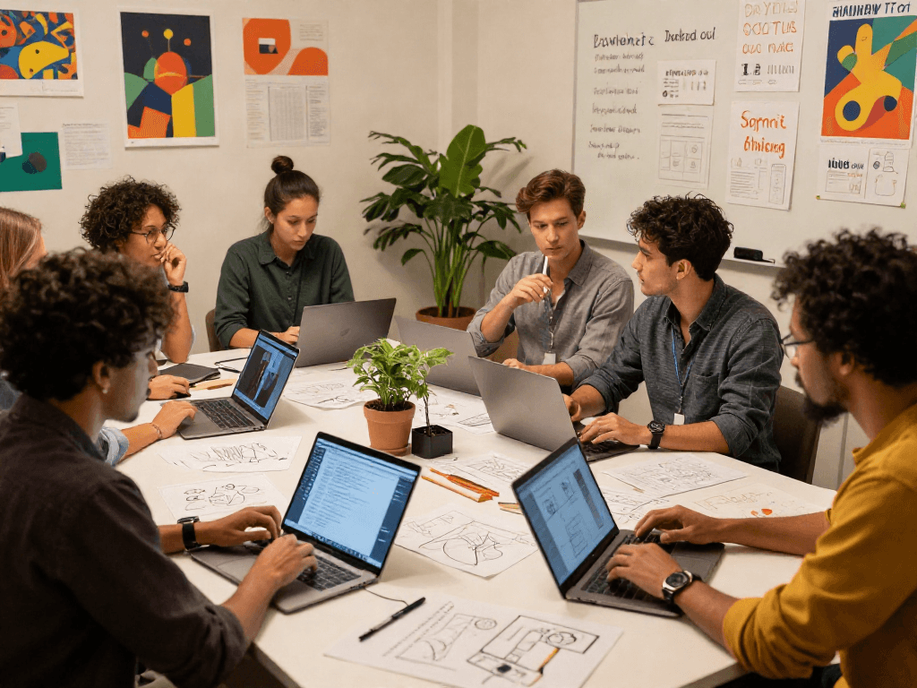 Diverse team brainstorming nsfw project ideas in a creative workspace with design drafts, tech gadgets, and warm lighting.