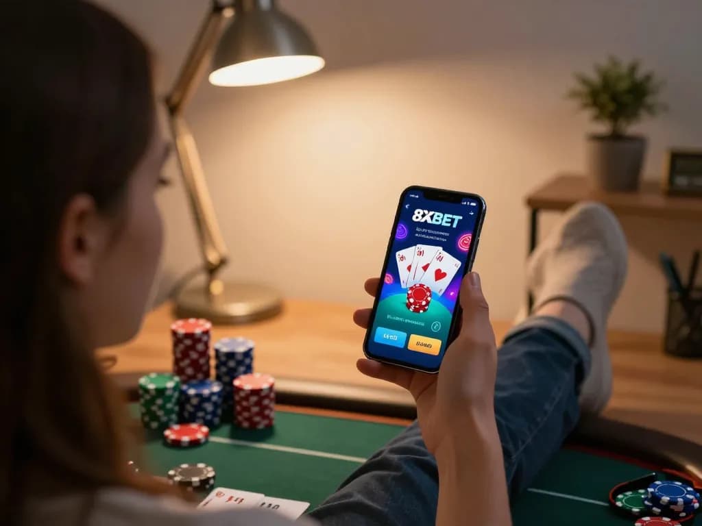 Player enjoying a thrilling poker game on 8XBET mobile app in a cozy home setting.