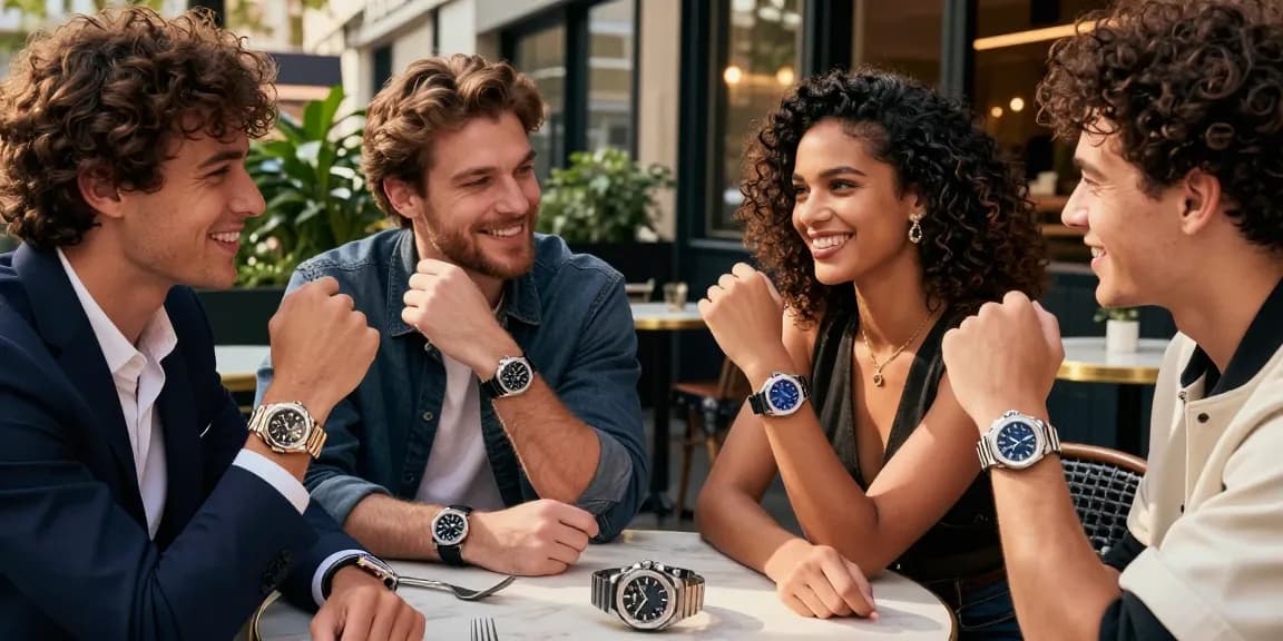 Group showcasing super clone watches in a trendy café, enjoying personal style and luxury replicas.