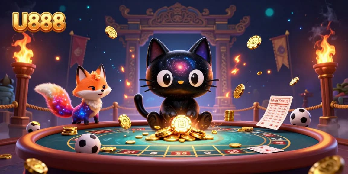 Experience the excitement of U888 with a whimsical 3D casino scene featuring a cosmic cat.