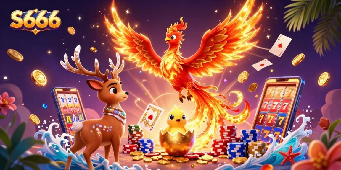 S666 showcases a vibrant scene with a phoenix and a mystical stag amid dynamic casino elements.