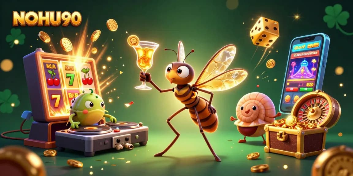 Engage with NOHU90 in a vibrant 3D casino scene featuring unique characters and dynamic game elements.