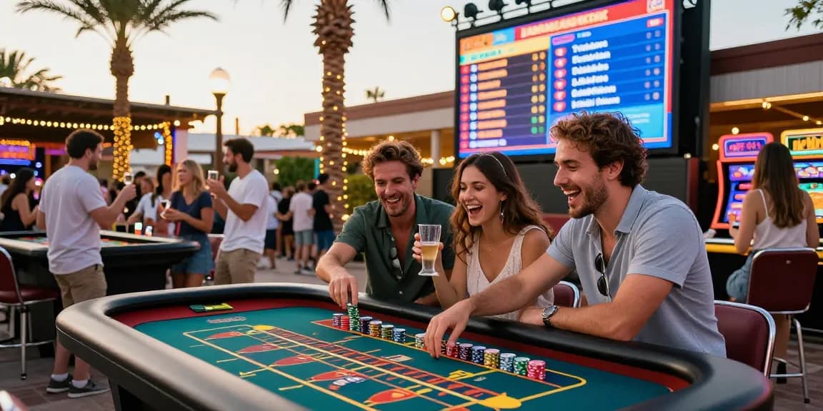 Exciting outdoor non-UK casino scene at https://rcnhca.org.uk featuring friends at a roulette table and vibrant atmosphere.