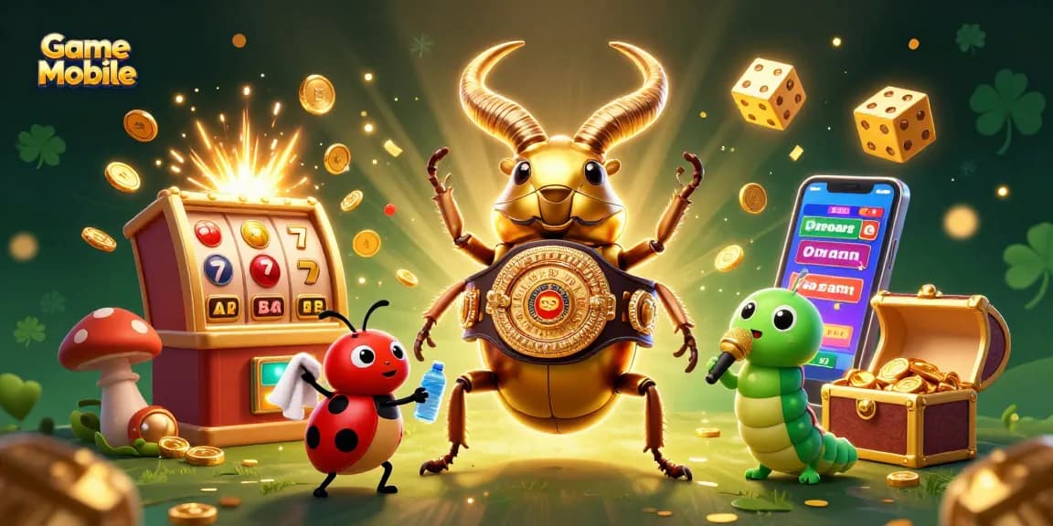 Experience the excitement of Game Mobile with a vibrant 3D scene featuring cartoon insects and casino elements.
