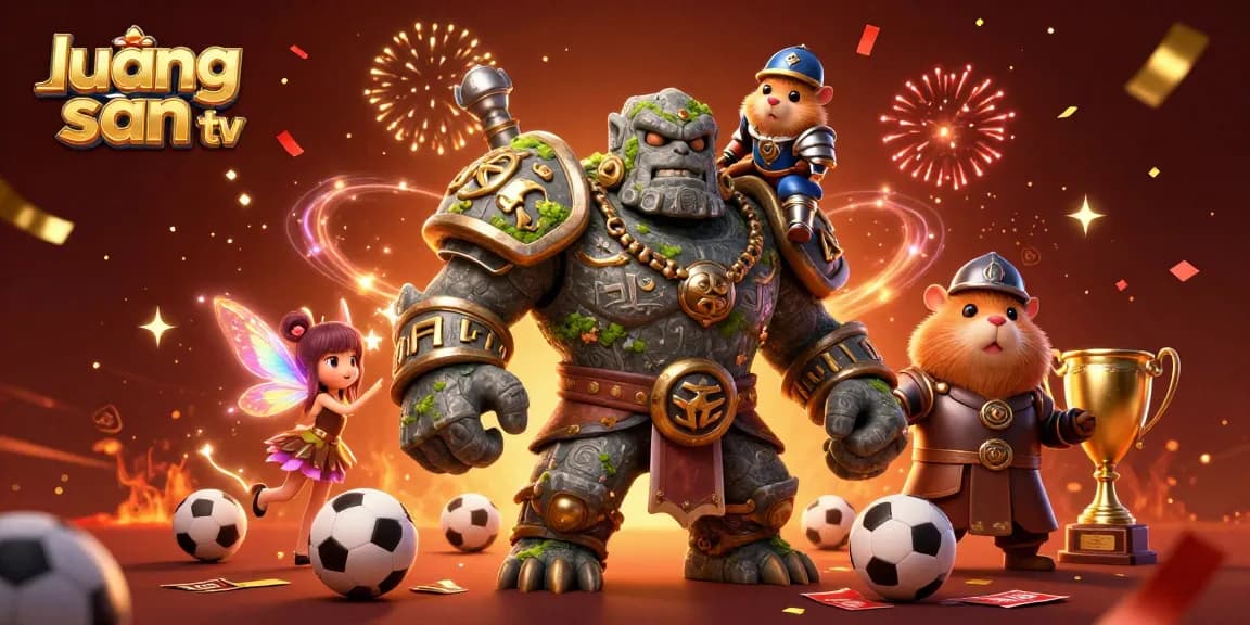Engage in sports betting with lương sơn tv's thrilling scene featuring a golem, fairy, and hamster knight surrounded by trophies and sports elements.