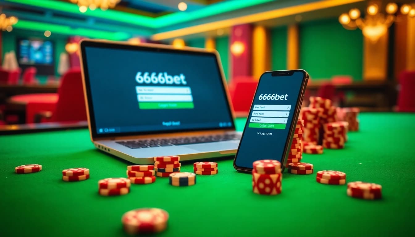 Engaging gamblers with 6666bet Login on a sleek mobile interface surrounded by poker chips.
