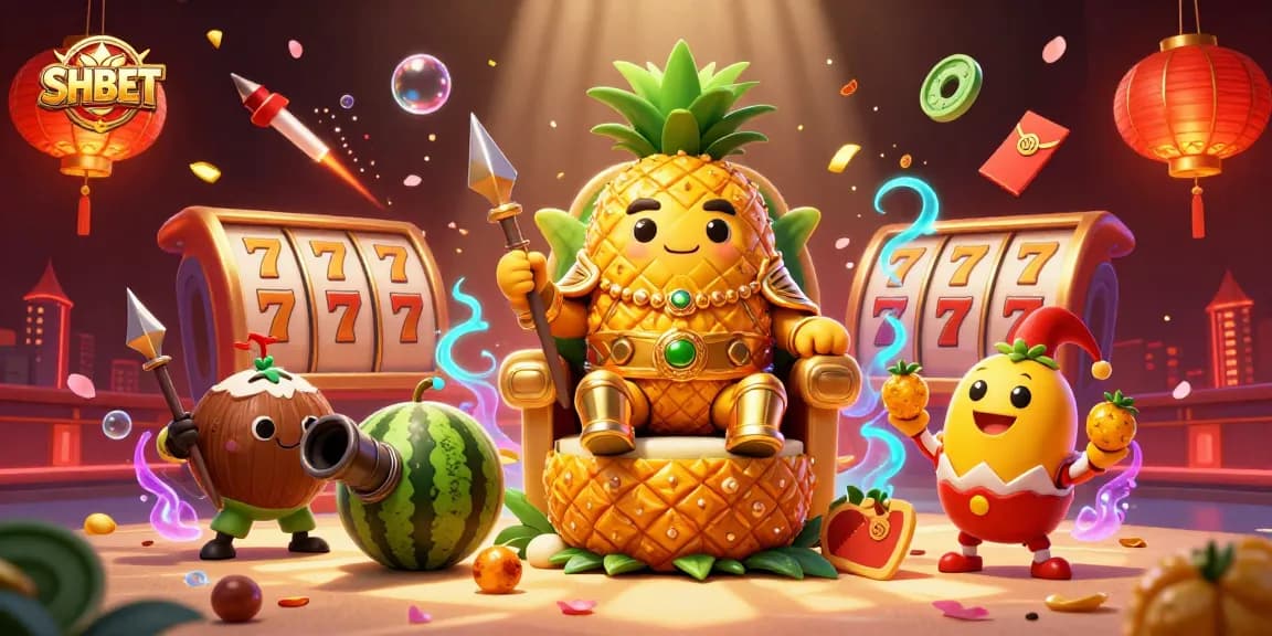 SHBET's golden pineapple king rules over a lively beach casino with vibrant characters and games.