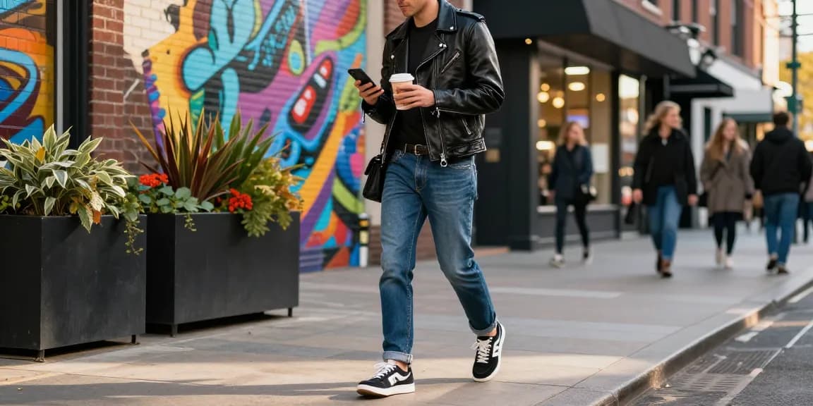 Chic urban individual flaunting Razafeti leather jacket in a vibrant city scene.