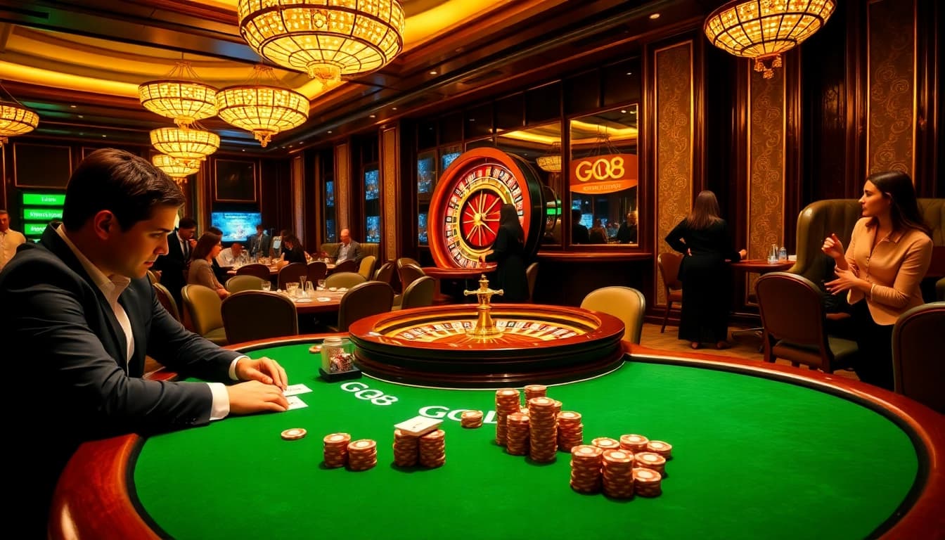 Players engage in a high-stakes poker game at a GO8-themed casino table.