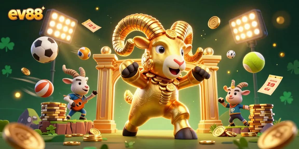 Experience dynamic sports betting excitement with ev88's golden ram and vivid casino elements.
