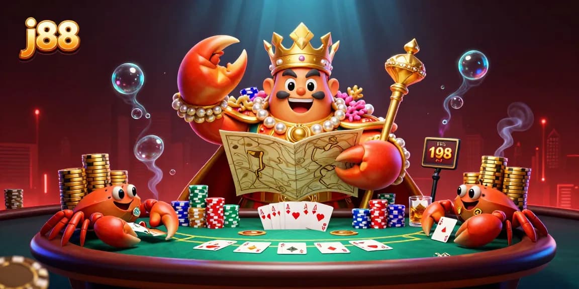 Experience thrilling j88 gaming with a golden crab emperor and poker elements in a vibrant casino scene.